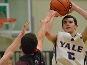 Yale Lions' senior standout prepares his fadeaway jumper Friday during the first half of Bill Kusnir Memorial Invitational at Ladner's Delta Secondary.