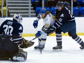 UBC's Cole Pruden (centre) fends off Mt. Royal's Kevin Knopp as he drives towards netminder Justin Cote Saturday during CIS tilt at Father David Bauer Arena. (Richard Lam, UBC athletics)