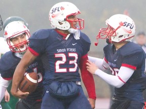 Simon Fraser WR Lemar Durant celebrates one of his 17 touchdowns in 2012. (Ron Hole, SFU athletics)