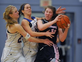 South Kamloops' Maya Olynyk feels the pressure from the Brookswood Bobcats during Saturday's Top 10 Shootout final in Coquitlam. (Arlen Redekop, PNG)