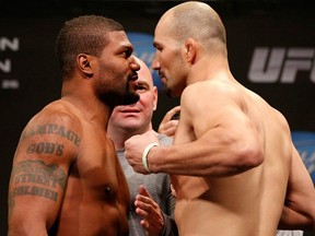 CHICAGO, IL - JANUARY 24: (L-R) Opponents Quinton "Rampage" Jackson and Glover Teixeira face off during the UFC on FOX weigh-in on January 25, 2013 at the Chicago Theatre in Chicago, Illinois. (Photo by Josh Hedges/Zuffa LLC/Zuffa LLC via Getty Images)