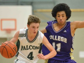 Sardis Falcons' Grayden Northey (left) keeps ahead of Vancouver College's Elijah Campbell-Axson during consolation-round play Friday at 24th annual Legal Beagle at PoCo's Terry Fox Secondary. (Terry Fox athletics)