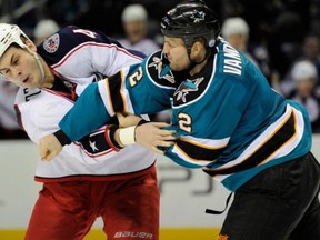 Jim Vandermeer shows some "push-back" in a scuffle with Blue Jackets' Jared Boll.