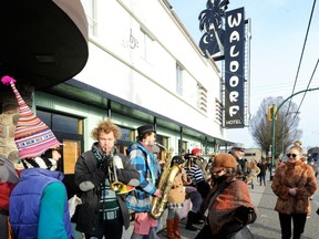 A group rally outside the Waldorf Hotel on East Hastings in Vancouver Jan. 13 to protest its closure.
(Ric Ernst / PNG FILES)