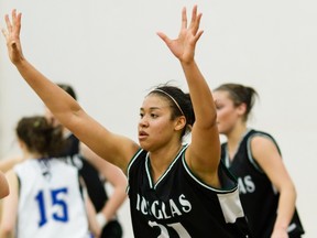 En route to winning the scoring title this season in the PacWest, Douglas College forward Amonda Francis helped lead her Royals to a 14-7 record and a berth at the provincial tournament in Victoria beginning on Thursday. (Photo – Jerald Walliser for Douglas College athletics)