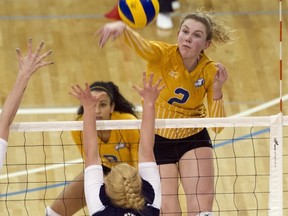 UBC Thunderbirds' Lisa Barclay was a potent force Thursday, helping the hosts sweep Mt. Royal in the conference semifinals at War. (Richard Lam, UBC athletics)