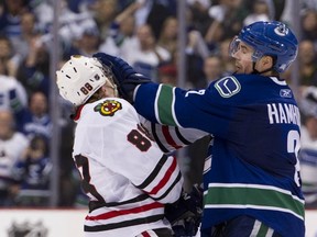 Patrick Kane. Dan Hamhuis. Just a couple of Canucks and Blackhawks looking to rumble.