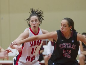 SFU's Chelsea Reist (left) battles for position with Central Washington's Jasmine Parker during GNAC women's action Thursday atop Burnaby Mountain. (Ron Hole, SFU athletics)