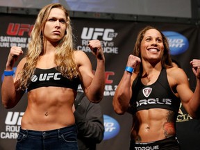 Ladies Night: Ronda Rousey and Liz Carmouche square off in the first female fight in UFC history tonight at the Honda Center in Anaheim, California.