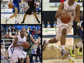 UBC's trio of basketball freshman (clockwise from upper left) Conor Morgan, Jordan Jensen-Whyte and Isaiah Solomon have combined to play a quarter of the team's minutes this season, (Photos courtesy Richard Lam and Bob Frid, UBC athletics)