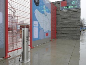 One of two $3,000 tire pumps installed by Vancouver city hall on bike paths is near Science World. (Jason Payne/PNG)