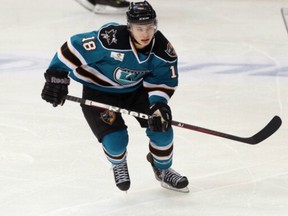 Bracken Kearns, here playing for the Worcester Sharks, gets the biggest opportunity of his pro career on Tuesday night against the Canucks.
(Photo by Bruce Bennett/Getty Images)