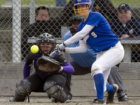 UBC's Molly Gosnell, a program original from Sunnyvale. Ca., digs in as she takes a cut against College of Idaho earlier this week in North Delta. (Richard Lam, UBC athletics)