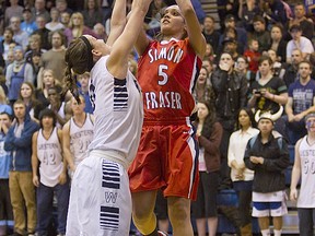 SFU's Nayo Raincock-Ekunwe found the going tough in the second half on Tuesday in Bellingham. (Ron Hole, SFU athletics)