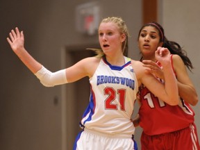Brookswood's Tayla Jackson (left) posts up Thursday against Claremont's Marissa Dheensaw during opening day action at the BC senior girls Triple A basketball championships in Langley. (Arlen Redekop, PNG)