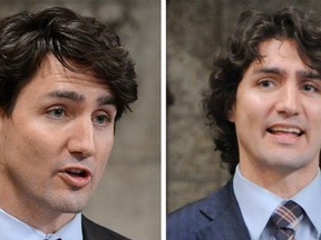 Two photos of Liberal leadership candidate Justin Trudeau show his serious, short new haircut from March 12, left, versus his usual, shaggier do in the House of Commons on March 7. (THE CANADIAN PRESS)