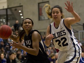 Tourney MVP Jocelyn Jones of the VIU Mariners (left) tries to drive past Capilano's Gabby Koc-Spadaro during PACWEST's BC women's final Saturday in Victoria. (Camosun College athletics)