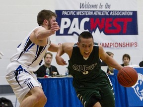 Vancouver Island's Jon Bethell (left) guards Quest's Denzel Laguerta during PACWEST men's semifinal tournament action Friday at Camosun College in Victoria. (Kevin Light Photography)