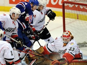The Abbotsford Heat's Barry Brust in action against the Rochester Americans on Jan. 4, 2013. Steve Bosch - PNG photo.