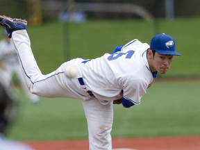 UBC pitcher Alex Graham lets loose Saturday, pitching a complete game in the 'Birds 5-1 win over Corban University. (Richard Lam, UBC athletics).