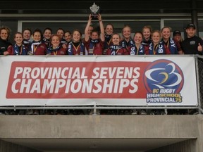 The victorious Cowichan Thunderbirds of Duncan celebrate the overall BC Sevens title Saturday at UBC. (Photo -- Mark Bergshoeff, for BC Rugby)