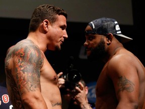 Heavyweights Frank Mir and Daniel Cormier trash talk each other at Friday's weigh-ins for tonight's UFC on FOX 7 fight card in San Jose, California. (Photo by Josh Hedges/Zuffa LLC/Zuffa LLC via Getty Images)
