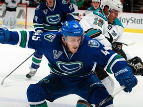 Jordan Schroeder of the Vancouver Canucks playing against the San Jose Sharks March 5, 2013. Getty Images file photo.