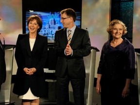B.C. party leaders John Cummins, Christy Clark, Adrian Dix and Jane Sterk get set in the studio for their television debate in Vancouver on Monday, April 29, 2013. (Mark van Manen/PNG)