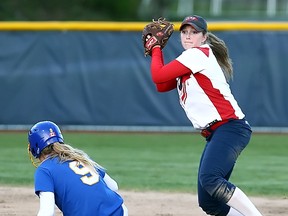 SFU shortstop Danielle Raison tries to complete the double play in the Clan's 6-5 win over the the UBC Thunderbirds on Wednesday at Beedie Field. (Ron Hole, SFU athletics)