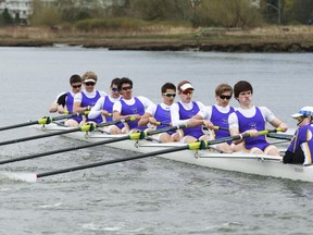The Vancouver College Fighting Irish senior boys rowing team in action at the recent Fraser Cup championships. The Irish have won the past two Canadian high school boys championship titles and shoot for a three-peat May 28 in Ontario. (Photo -- Jeff Vinnick Images).