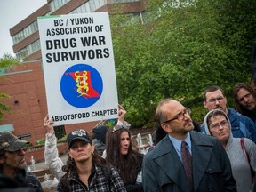 Pivot Legal Society lawyer Scott Bernstein, wearing tie, announces a lawsuit and human-rights complaint on May 21, 2013, against the City of Abbotsford on behalf of drug addicts. (Ric Ernst /PNG FILES)