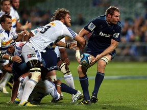 All Blacks lock Ali Williams, seen here in Super Rugby action earlier this month for the Auckland Blues against the Western Stomers, has announced his retirement from international rugby. (MICHAEL BRADLEY/AFP/Getty Images)
