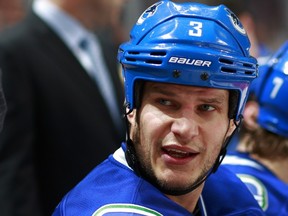 Ryan Kesler and Alex Burrows have been called embellishers, but Kevin Bieksa (above) is convinced the label belongs to Logan Couture and Joe Thornton in the Western Conference quarterfinal series between the Canucks and Sharks. (Getty Images via National Hockey League).