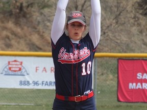 SFU's all-GNAC first team all-star pitcher Kelsie Hawkins winds up in action from the first of two games Saturday against St. Martins in the GNAC championship finals in Billings, Montana. (MSU-Billings athletics)