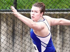 Simon Fraser's Jade Richardson won gold Friday in the discus at the GNAC track and field championships at Monmouth, Ore. (SFU athletics photo)