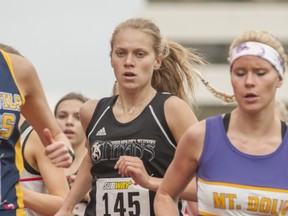 South Kamloops Titans' middle distance standout Kala Stone, pictured on her way to gold in the girls 1,500 metres at Swangard Stadium in Burnaby, looks to cap her prep career with third straight B.C. title at the distance on Saturday at Langley's McLeod Athletic Park. In the fall she begins her collegiate career at Arizona State. (Wilson Wong for The Province)