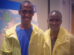 Competitors and friends Gezaghn Eshetu (left) and Benard Onsare to race for the 2013 BMO Vancouver Marathon title.