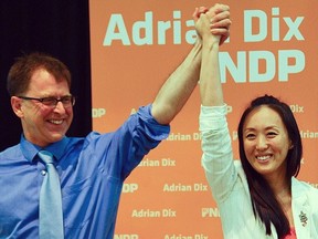 Burnaby-Lougheed MLA Jane Shin, clasps hands with NDP leader Adrian Dix. (NDP PHOTO)