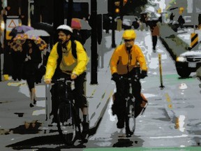 Cyclist ride the Hornby Street bike lane during a morning rush hour in Vancouver a year ago. (PNG PHOTO ILLUSTRATION)