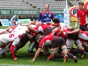 Trevor Hammond (standing, right) played scrum half for Canada's Under 20 men at the Junior World Rugby Trophy in Chile (Rugby Canada photo)