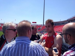 Jebb Sinclair speaking to the media at Toronto's BMO Field (Rugby Canada photo)