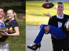 Cousins Carla Bradstock and Jon Conlin in 2003 (left) and 10 years later this past Monday at their old elementary school in Richmond. (PNG photos)