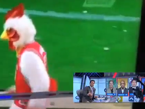Yes, there's a chicken mascot wearing a James Harden jersey involved.