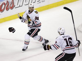 The Chicago Blackhawks' Dave Bolland celebrates his Stanley Cup-winning goal.