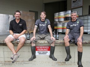 From left, Gary Lindsay, Jason Meyer and Kevin Hearsum of Driftwood Brewery in Victoria take a Tug break. Photo: Adrian Lam, Times Colonist