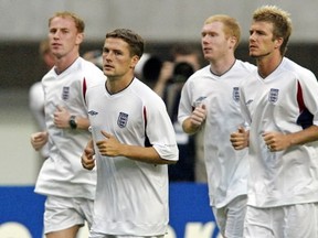 From left: Nicky Butt, Michael Owen, Paul Scholes and David Beckham in training for the 2002 FIFA World Cup. AFP file photo.