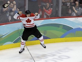 Sidney Crosby celebrates his gold-medal winning goal at the Vancouver Olympics in February 2010.