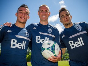The Whitecaps' Russell Teibert, Kenny Miller and Camilo Sanvezzo. PNG file photo.