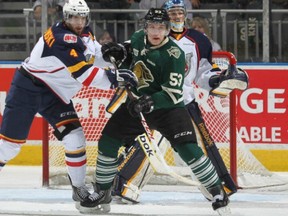 Bo Horvat (53) of the London Knights jostles for position in Game 2 of the OHL Final on May 5. The Canucks signed Horvat and fellow first-round pick Hunter Shinkaruk to entry level deals on Tuesday.
(Photo by Claus Andersen/Getty Images)