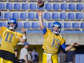 Former Abbotsford youth baseball teammates Greg Bowcott (left) and Carson Williams have been re-united at UBC, and the pair are locked in a battle for the starting quarterback position this season with the Thunderbirds, who open the CIS preseason Friday on the road against the Saskatchewan Huskies. (Wilson Wong, UBC Athletics)